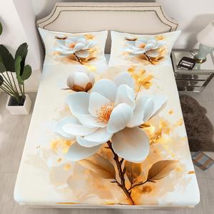 Erosebridal Комплект постельного белья Beige Flowers Golden Boho Decor в стиле минимализм, White Golden