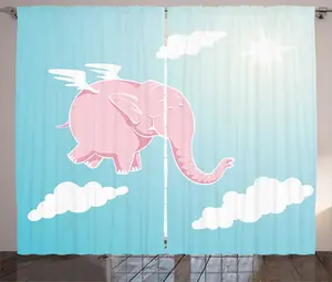 Штора для детского сада ABAKUHAUS в деревенском стиле, розовый слон, удача, штора для спальни со сборками, петлями и крючками, 280 x 245 см, светло-розовый с бледно-голубым оттенком Abakuhaus
