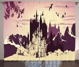 Штора ABAKUHAUS "Сказочный деревенский замок в горах", универсальная ленточная штора для гостиной с петлями и крючками, 280 x 245 см, темно-фиолетовый с кремовым оттенком