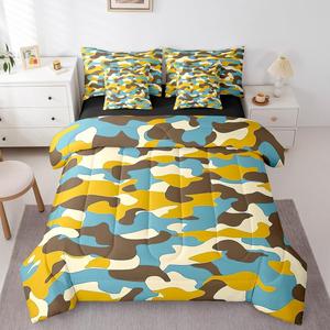 Erosebridal Комплект постельного белья Yellow Blue Camo в стиле милитари с камуфляжным принтом, современный абстрактный дизайн, Brown