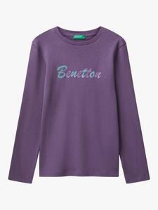 Детская хлопковая футболка с длинным рукавом и блестящим логотипом Benetton, Violet