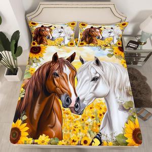 Erosebridal Комплект постельного белья Horse в стиле вестерн с фермерским принтом лошадей и подсолнухов, Brown White Yellow Green