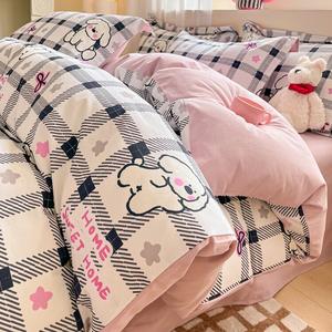 Jie Liya Комплект постельного белья с простыней на резинке, 200x230 см, 1.8 кг, начес, клетка, щенки