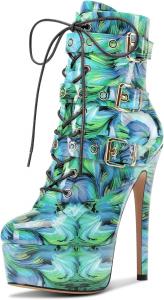 Женские ботильоны Aachcol на высоком каблуке, платформенные, со шнуровкой, короткие ботинки с молнией и пряжкой, для выпускного, вечеринок, танцевальные туфли на каблуке 15 см, Green Multicolor