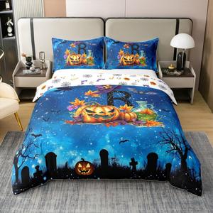 Erosebridal Персонализированный комплект постельного белья с монограммой R из 100% хлопка, тематика Хэллоуин с тыквами и летучими мышами, Black Blue R