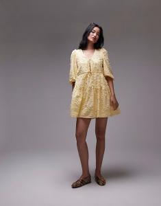 & Other Stories вышитое мини-платье с завязкой спереди и многоуровневым подолом желтого цвета