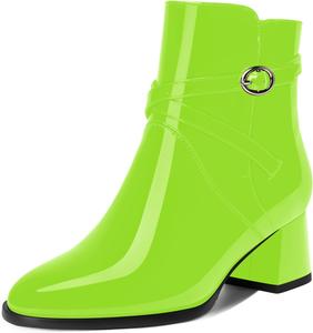 Женские ботинки AMBELIGHT с пряжкой, для путешествий, с круглым носком, наружной лакированной кожей, ремешком на щиколотке, на устойчивом низком каблуке 2 дюйма, Lime Green