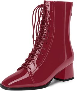 Женские ботинки WAYDERNS с квадратным носком, на шнуровке, с массивным невысоким каблуком 2 дюйма, лакированные, для походов и путешествий, высокие до щиколотки, Burgundy
