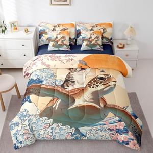 Erosebridal Комплект постельного белья Funny с принтом морских черепах и японской сакурой для детей, Beige Navy Brown Orange