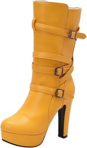 Женские ботильоны средней длины с круглым носком, на шнуровке, с массивным каблуком, удобные высокие каблуки, осенние ботинки с пряжкой, теплые зимние обувь Generic, Yellow