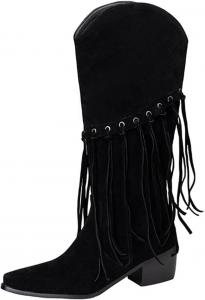 Женские ковбойские сапоги с бахромой, зимние, с заостренным носком, до колена, вестерн, с толстым каблуком, без застежки, на широкий голень, для верховой езды LZXBZAI, Black