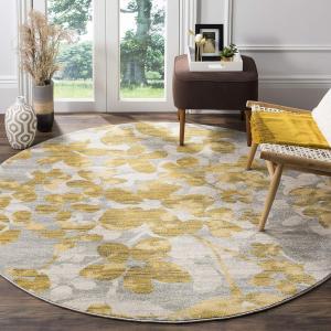 Ковер SAFAVIEH, 201 x 201 см, коллекции Evoke, круглый, Grey & Gold, цветочный дизайн, без линьки и простой в уходе, идеален для помещений с высокой проходимостью в гостиной, спальне (EVK236P)