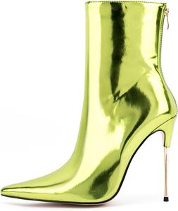 LINMUYOUJIA Женские модные металлические темно-зеленые ботинки с острым носком, высокие ботильоны на шпильке, праздничные туфли с задней молнией, острый носок, фиолетовые, золотые и серебряные каблуки