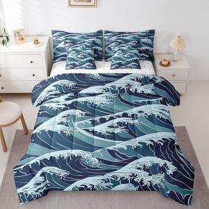 Erosebridal Комплект постельного белья Japan Wave Ukiyoe Ocean с наволочками и чехлами для подушек, Teal Blue