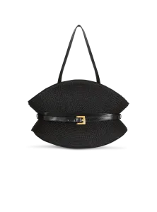 Сумка Shuffle Medium из телячьей кожи и рафии Balmain, черный