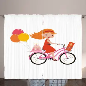 Штора ABAKUHAUS Bike Party в деревенском стиле, Счастливая девочка на велосипеде, универсальная тесьма для гостиной с петлями и крючками, 280 x 225 см, белый, разноцветный Abakuhaus
