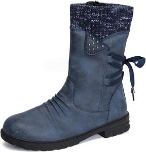 Зимние женские ботинки HINDOLA до середины икры, противоскользящие, водонепроницаемые, для улицы, с боковой молнией, кожаные рыцарские ботинки, модные шнурованные зимние ботиночки для женщин, 6.5-7 Blue
