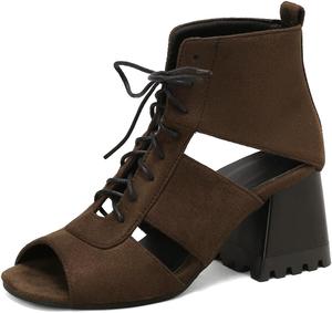 Женские сандалии с открытым носком на массивном высоком каблуке, с кружевной застежкой и вырезами, праздничные ботильоны JOEUSTY, Dark Brown