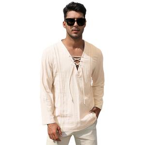 Мужская хлопково-льняная рубашка на пуговицах на шнуровке с длинным рукавом и V-образным вырезом, повседневные пляжные рубашки в стиле хиппи Kojooin, фиолетовый