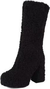 Ботинки KISSASA до середины голени с пушистой меховой отделкой, теплые на платформе с высоким массивным каблуком, на подъем, модные зимние ботинки, Black