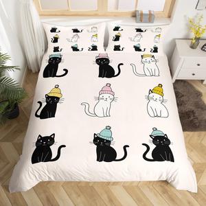 Erosebridal Комплект постельного белья Cats с милыми котиками в бежево-черно-белой гамме, мягкий и теплый, Multi 16