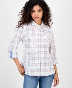 Женская хлопковая рубашка Providence в клетку с закатанными рукавами Nautica Jeans, Bright White Multi