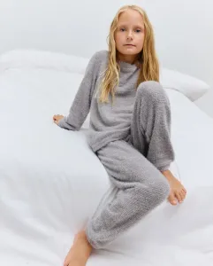 Полный длинный трикотажный пижамный комплект с отделкой из искусственного меха для девочки Cotton Juice, антрацитовый