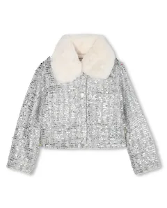 Серебристая детская куртка с меховым воротником Billieblush, серебряный