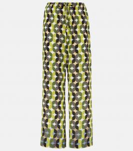 Брюки широкие из крепа с высокой талией и принтом Dries Van Noten, зеленый