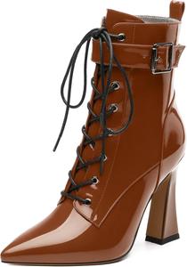 Женские ботильоны на шнуровке с острым носком и высоким каблуком, с боковой молнией, модные однотонные короткие ботинки для женщин RLYGHWAO, Dark Brown Patent