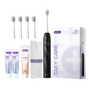 Звуковая электрическая зубная щетка для взрослых парный набор IPX уровень 7 водонепроницаемая импортная мягкая щетина глубокое очищение T2 Saky+, черный