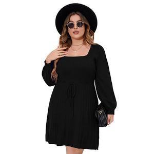 Платье-свитер Plus size с длинными рукавами-фонариками и поясом Seoria, Black