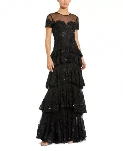 Платье с короткими рукавами, многослойной сетчатой юбкой и декором. Mac Duggal, черный