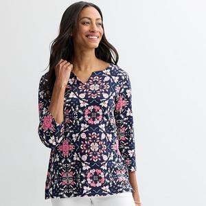 Женский топ с рукавом три четверти и разрезом на горловине Croft & Barrow, Navy Fresh Tile