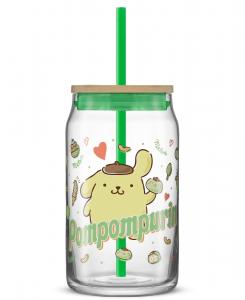 Стеклянный стакан в форме банки с изображением любимого вкуса Hello Kitty и ее друзей - Помпомпурин, с деревянной крышкой и трубочкой JoyJolt, мультколор