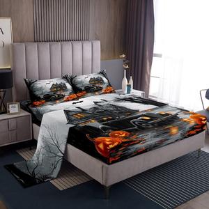 Erosebridal Комплект постельного белья Happy Halloween с тыквами, фонарями и черными летучими мышами для детей, Black Grey Orange