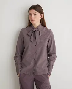 Женская блузка с круглым вырезом, завязывающимся бантом и застежкой на пуговицы на манжетах Yerse, темно-коричневый