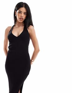 Платье Bershka облегающее миди с вырезом халтернел черного цвета