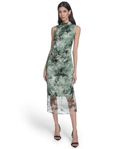 Женское миди-платье из органзы с принтом и воротником-стойкой Vince Camuto, Green Multi