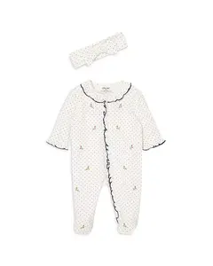 Детский комбинезончик в горошек с розовыми бутонами и повязка на голову. Little Me, белый