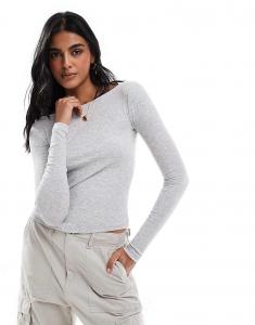 Cotton:On Серый топ из хлопка с длинными рукавами и вырезом-лодочкой в ​​рубчик On Staple