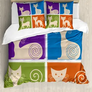 Пододеяльник ABAKUHAUS с забавным рисунком, с мультяшными котами, с защитой от клещей, подходит для аллергиков, с наволочками, 200 x 200 см - 80 x 80 см, фиолетово-зеленый