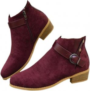 Женские осенне-зимние ботильоны Faithgee с заостренным носком, массивным каблуком и боковой молнией, замшевые, повседневные с декоративной пряжкой, стильные на низком каблуке, удобная и модная обувь для женщин, ботинки для езды, Wine Red