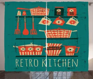 Шторы ABAKUHAUS в стиле гранж, ретро-стиль с надписью на кухне, универсальные ленточные шторы для гостиной с петлями и крючками, 280 x 225 см, бирюзовый, ярко-бирюзовый и бежевый Abakuhaus