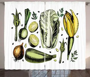 Штора в стиле рустик с изображением овощей от ABAKUHAUS, тема веганской диеты, присборенная, с петлями и крючками, 280 x 245 см, цвет: желто-зеленый карамельный Abakuhaus