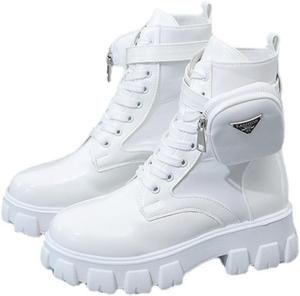 Женские ботильоны на платформе с шнуровкой, модные с круглым закрытым носком, низким каблуком, короткие боевые ботинки с карманом, панк-мотоциклетные ботиночки, осенне-зимняя обувь LerGlre, White