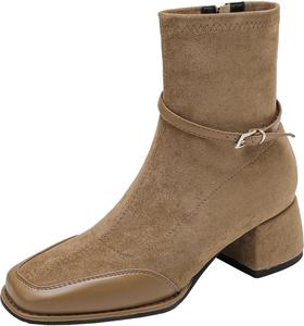 Элегантные женские ботильоны с квадратным носком, короткие с блок-каблуком, с модной металлической пряжкой и молнией XIEPP, Apricot