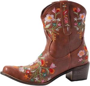Женские винтажные ковбойские ботинки в западном стиле, короткие на щиколотку с низким каблуком, вышитые, британская вечеринка, модная обувь Generic, Brown B