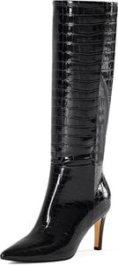 Женские сапоги GENSHUO высокой голени на широкую икру, с высокими каблуками 3 дюйма, заостренным носком, длинные сапоги, модные и стильные зимние туфли для вечеринки, свидания, танцев, Grain Print Black