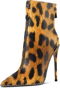Женские ботильоны YDN с заостренным носком, украшенные заклепками, на высоком каблуке-стилетто, стильные с двойной молнией, обувь для клуба и вечеринок, размеры 4-15 US, Leopard
